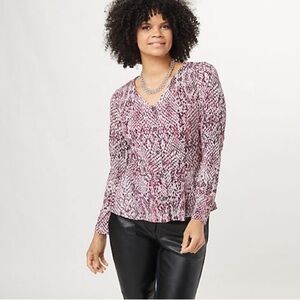 Susan Graver purple snake Print Liquid Knit Button Front Peplum Top 5x